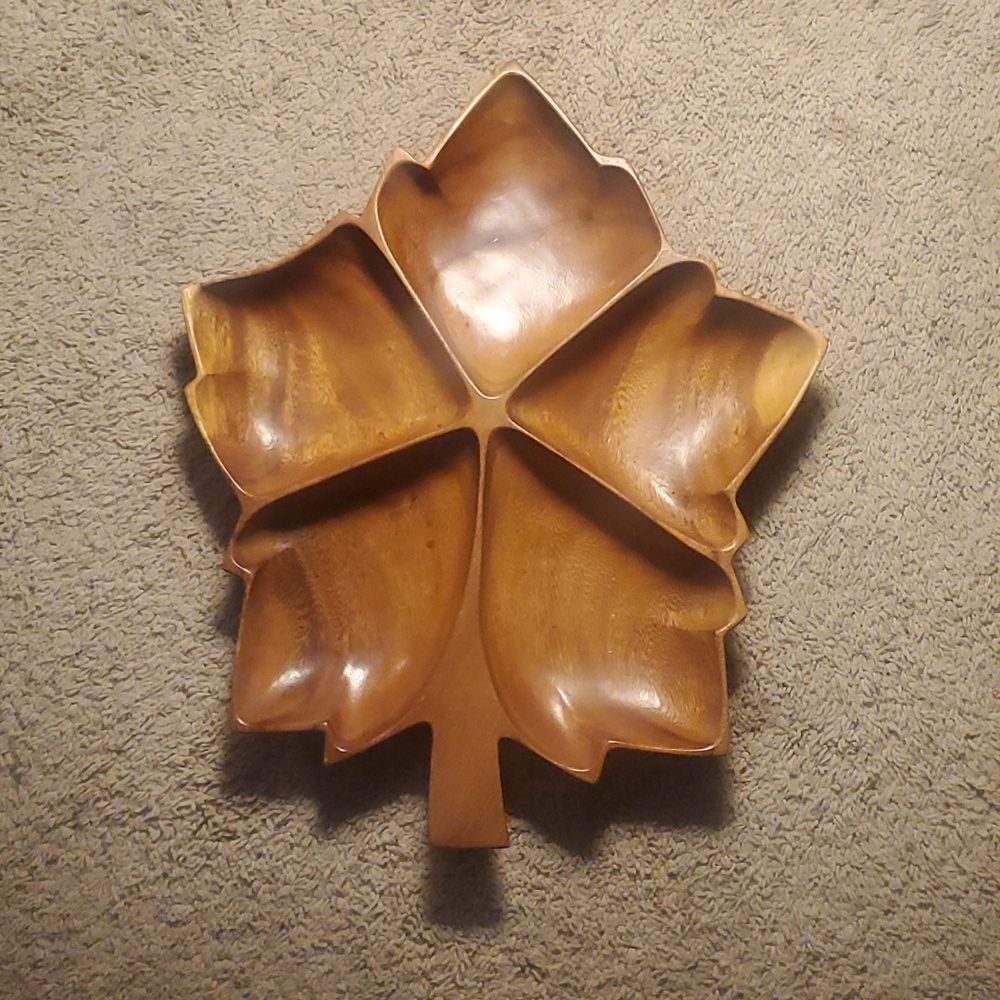 VTG 1980s Teak Divided Serving Tray | Large Wood Maple Leaf | 5 sections